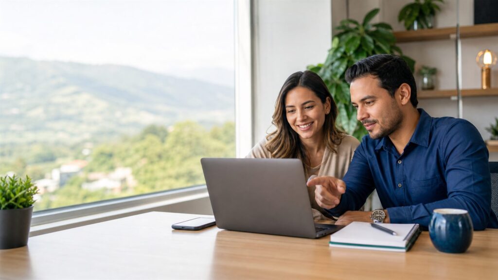 Emprendedores analizando una estrategia de marketing digital en Rionegro