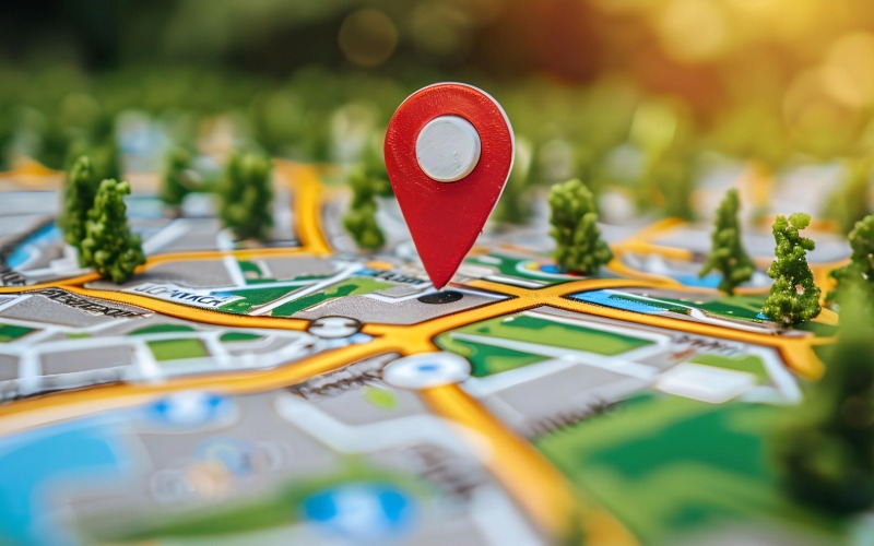 Marcador rojo de ubicación sobre una maqueta de mapa urbano con calles y árboles