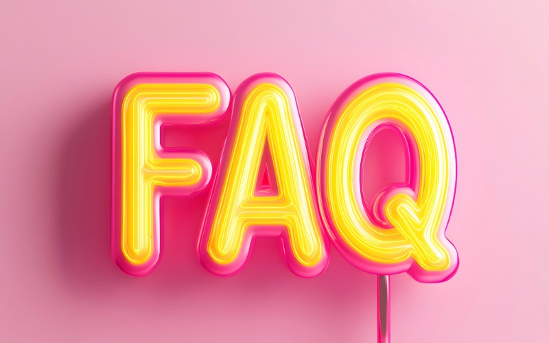 Letras luminosas FAQ en amarillo y rosa sobre un fondo rosado